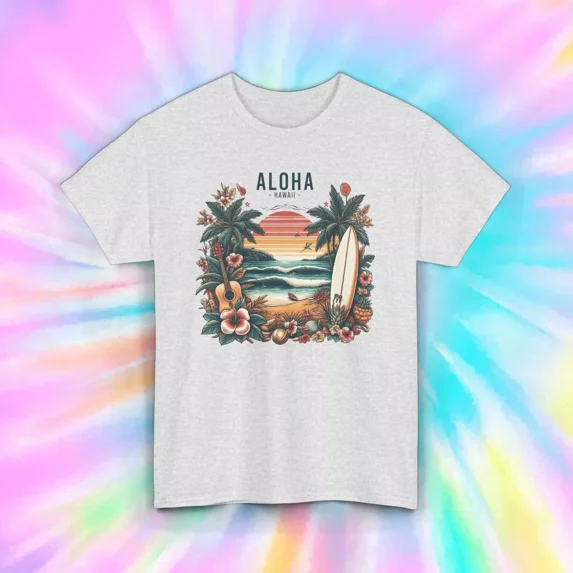 Hot Trending Aloha Hawaii T-Shirt | Tropical Sunset Graphic | Surfboard Beach Scene | Design Preview Only