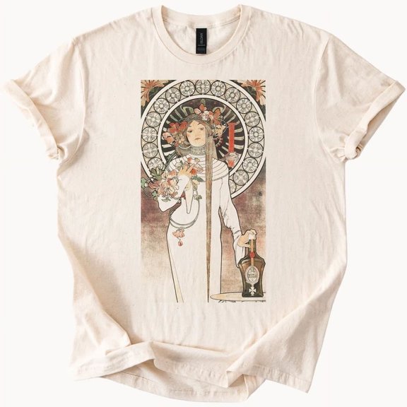 Hot Trending Art Nouveau Woman Flowers Graphic Tee Mucha Style TShirt Design Preview Only