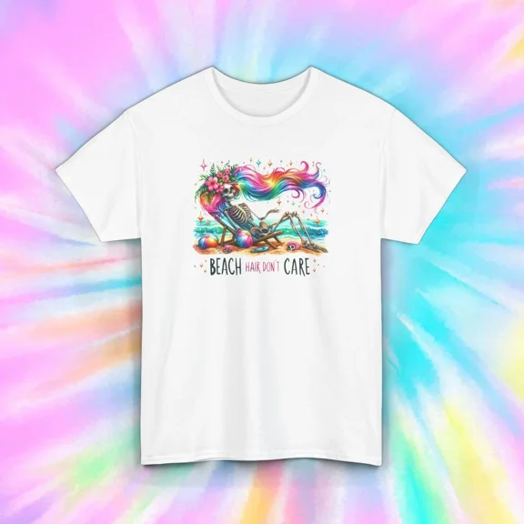 Hot Trending Beach Hair Don't Care Skeleton Rainbow Funny Summer Beach Gift T-Shirt Design Preview Only