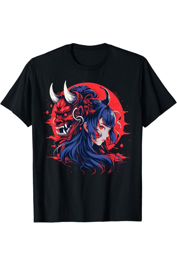 Hot Trending Beautiful Japanese Waifu Anime Girl Demon Oni Mask Graphic T-Shirt Vintage Tee -Birthday Gifts