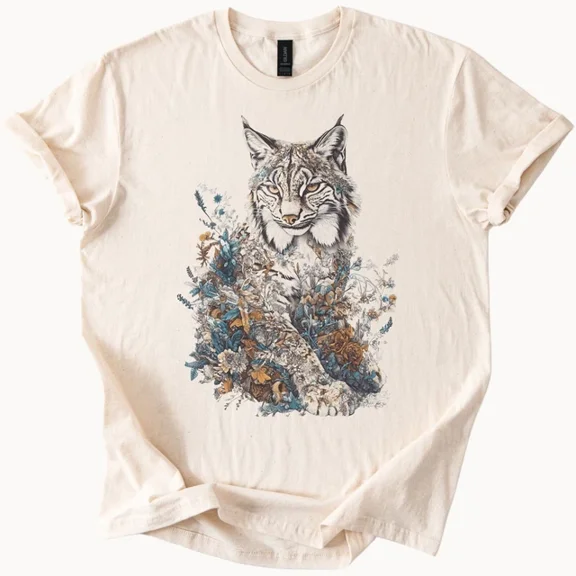 Hot Trending Bobcat Graphic Tee Wild Lynx Surrounded by Flowers Nature Shirt Design Preview Only