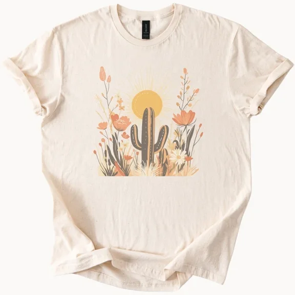 Hot Trending Boho Cactus and Wildflowers Graphic Tee with Sun Western Nature Shirt Design Preview Only