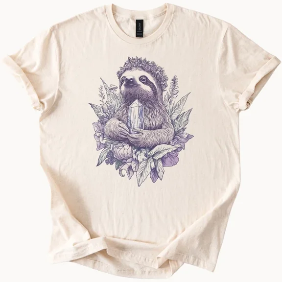Hot Trending Boho Sloth Holding Crystal Surrounded by Flowers Spiritual Nature Shirt Design Preview Only