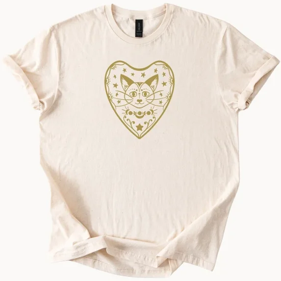 Hot Trending Boho cat heart graphic shirt with stars moons and mystical floral art Design Preview Only