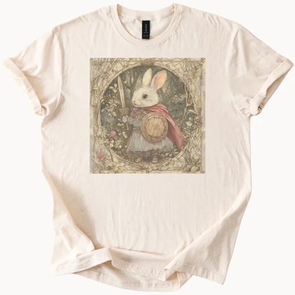 Hot Trending Bunny Warrior Graphic Tee with Sword and Shield in Forest Scene Design Preview Only