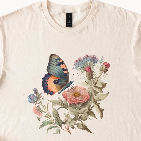 Hot Trending Butterfly Shirt WildFlower Graphic T Shirt Floral Boho Summer Beige Cotton Design Preview Only