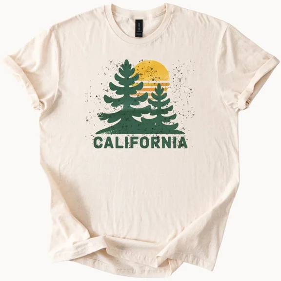 Hot Trending California Trees Sunset Graphic Tee Nature Forest Hiking Adventure Shirt Design Preview Only