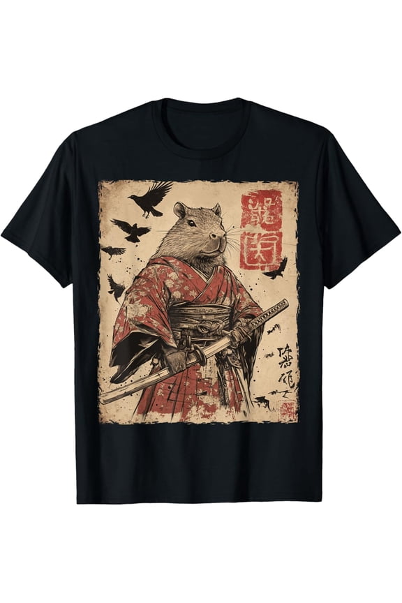 Hot Trending Capybara Samurai Graphic Japanese Warrior Anime T-Shirt Vintage Tee -Birthday Gifts