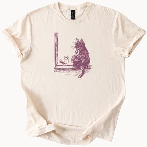 Hot Trending Cat and Chick Window Graphic T Shirt Animal Lover Tee Design Preview Only