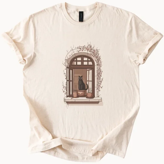 Hot Trending Cat in Window Tee Black Feline Shirt Cozy Graphic Top Design Preview Only