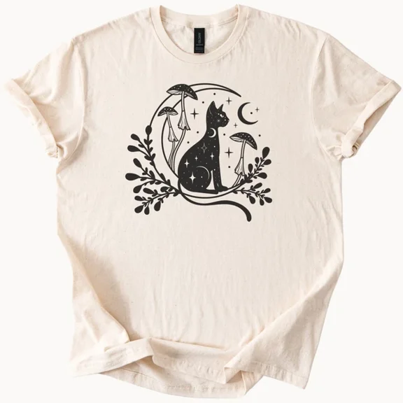 Hot Trending Celestial Cat Graphic with Mushrooms and Moon Boho Witchy Nature Tee Design Preview Only