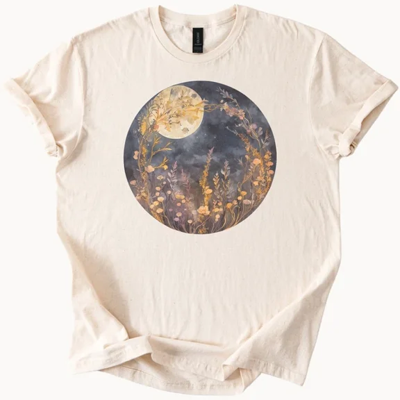 Hot Trending Celestial Forest Moon T-Shirt Wildflower Meadow Night Sky Nature Graphic Tee Moo Design Preview Only