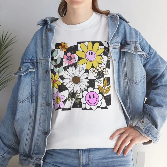 Hot Trending Checker Flower Smile Power T-Shirt - Retro Floral Tee for 60s & Hippie Style Design Preview Only