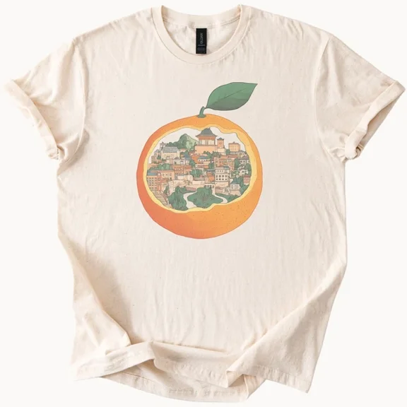 Hot Trending City inside orange graphic t shirt with scenic town illustration Design Preview Only