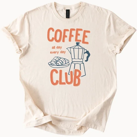 Hot Trending Coffee Club Shirt Coffee Lover Tee with Moka Pot and Croissant Graphic Design Preview Only