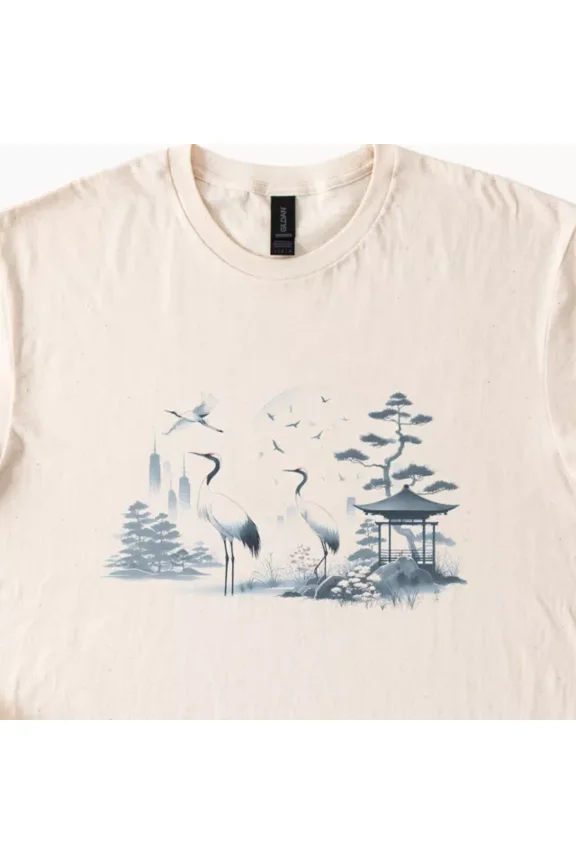 Hot Trending Crane Birds Pagoda Graphic T Shirt Nature Japan Art Tee Design Preview Only