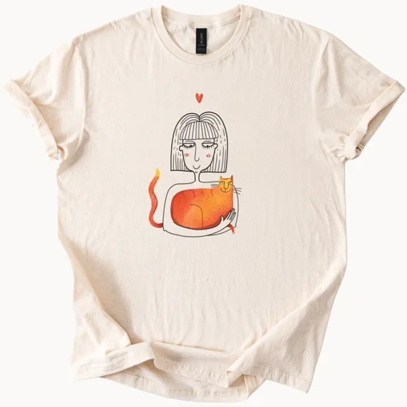 Hot Trending Cute Girl Hugging Orange Cat Illustration Graphic Tee Softstyle Shirt Design Preview Only