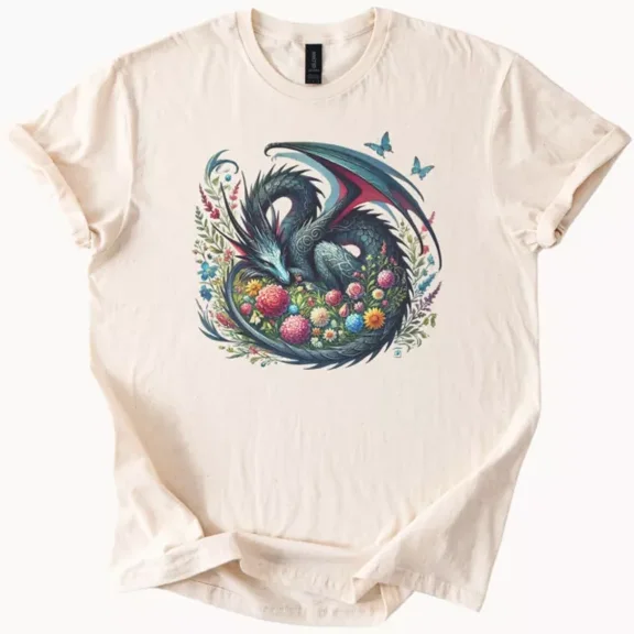 Hot Trending Dragon Shirt Flowers Graphic T Shirt Fantasy Nature Tee Beige Design Preview Only