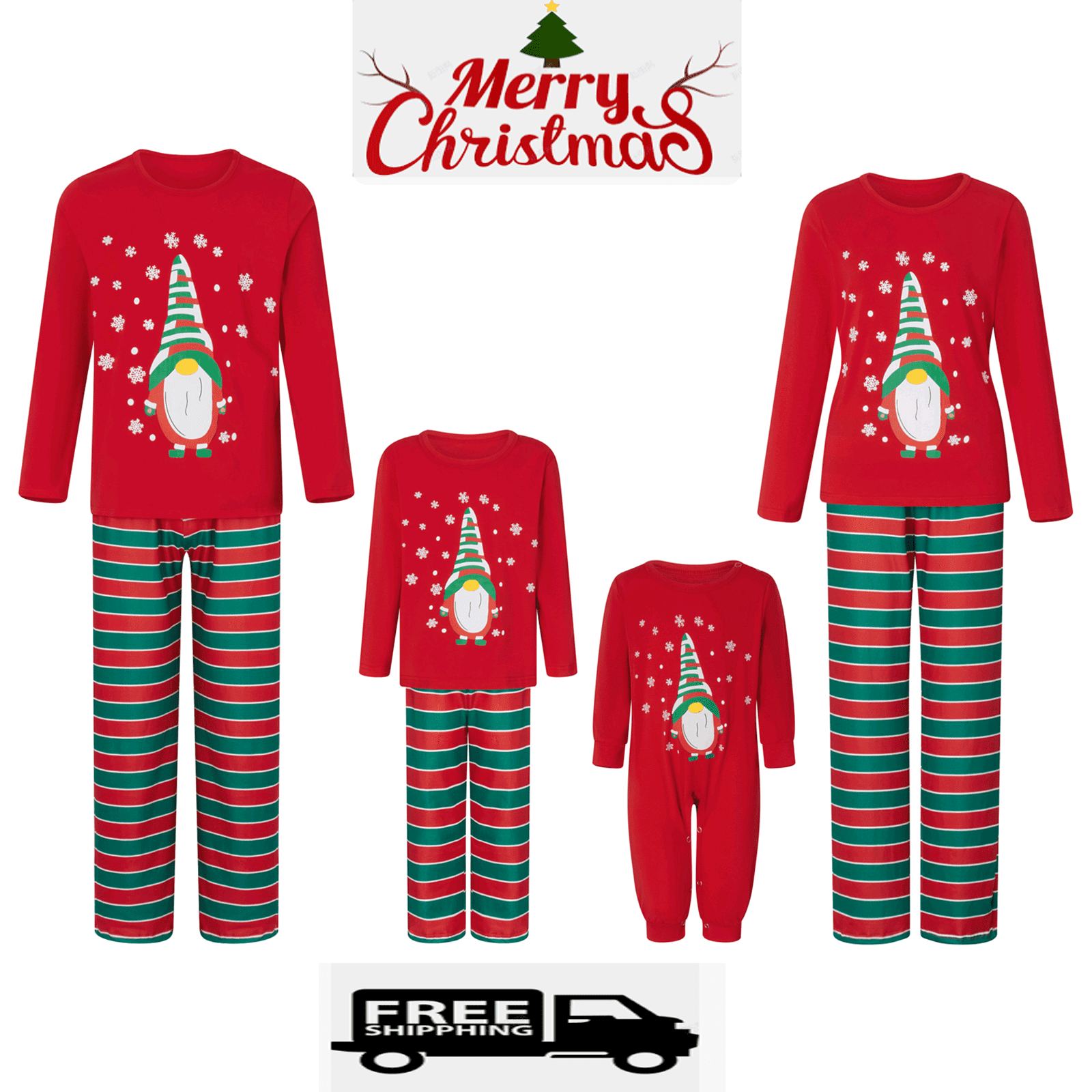 Hot Trending Family Christmas Pajamas with Gnome Print Tops and Striped