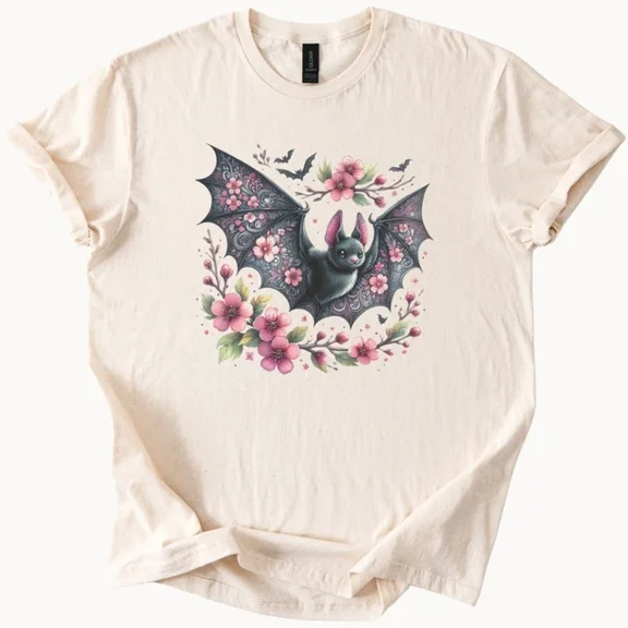 Hot Trending Floral Bat T Shirt Cute Goth Pink Flower Tee Spooky Graphic Top Design Preview Only