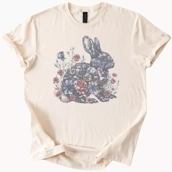 Hot Trending Floral Bunny Shirt Rabbit Graphic T Shirt Easter Spring Flowers Tee Beige Design Preview Only