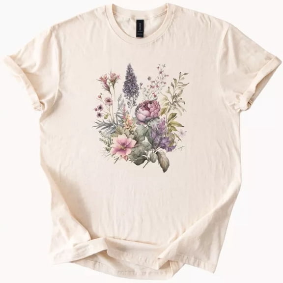 Hot Trending Floral Shirt Bouquet Graphic T Shirt Flowers Nature Art Tee Beige Cottage Boho Design Preview Only