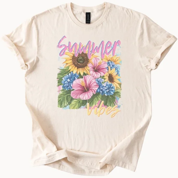 Hot Trending Floral Summer Vibes Tee Sunflower Hibiscus Graphic Shirt Design Preview Only