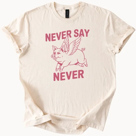 Hot Trending Flying Pig Never Say Never Graphic Tee Funny Motivational T Shirt Unisex Design Preview Only