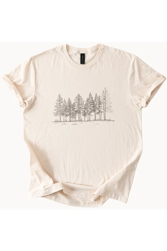 Hot Trending Forest Tree Line Sketch Nature T Shirt Minimalist Woodland Graphic Tee Design Preview Only