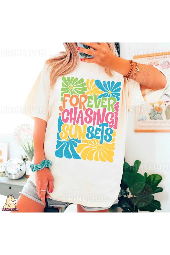 Hot Trending Forever Chasing Sunsets, Retro Floral Summer, Colorful Sunset, Beach Vibes Clipart Vintage Birthday Gifts
