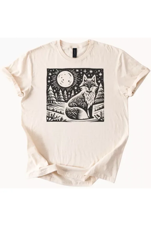 Hot Trending Fox Moon Forest Graphic T-Shirt Nature Design Tee Design Preview Only
