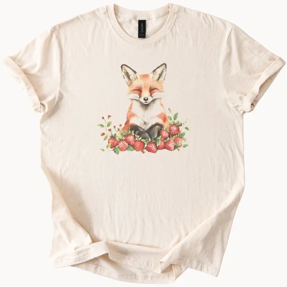Hot Trending Fox Strawberries Cute Graphic T Shirt Animal Lover Tee Design Preview Only