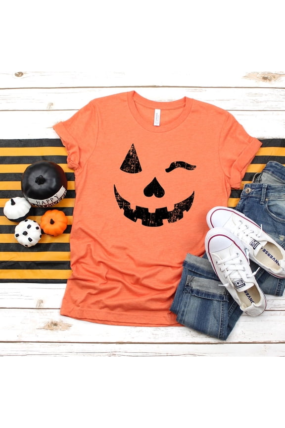 Hot Trending Funny Halloween Shirt, Winking Pumpkin Face, Womens Cute costume, graphic Tee, Halloween costume idea, party clothing, Unisex tshirt,pumpkin Design Preview Only