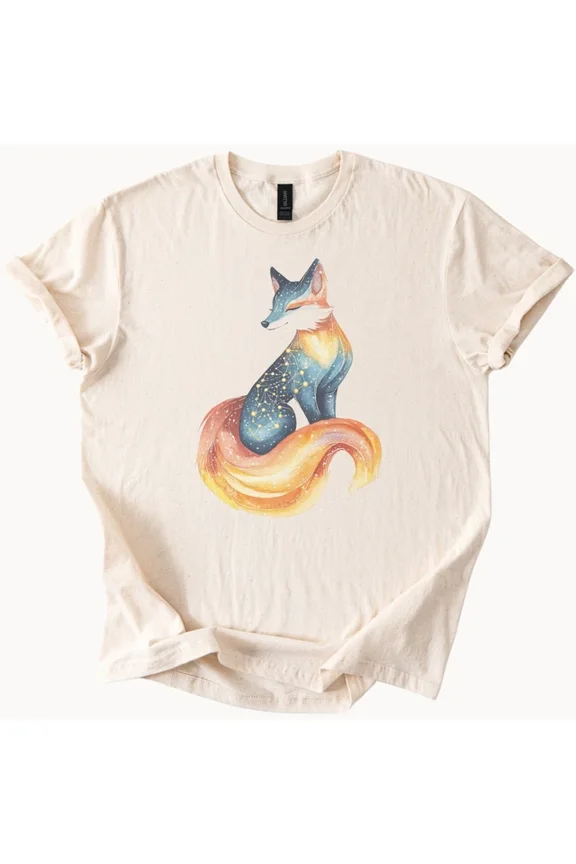 Hot Trending Galaxy Fox Graphic Tee Cosmic Forest Animal Shirt Mystical Constellation Design Preview Only