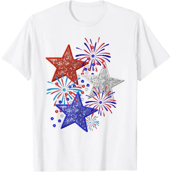 Hot Trending Girl 4th of July Women Red White Blue Star American Firework T-Shirt Design Preview Only
