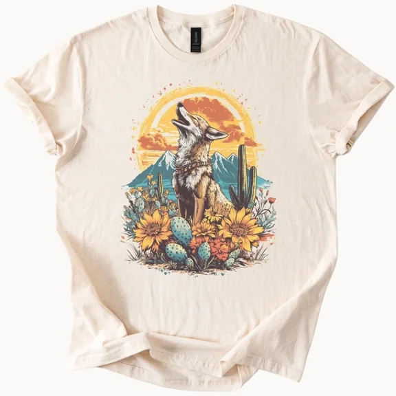 Hot Trending Howling Coyote Desert Tee Western Graphic TShirt Nature Cactus Top Design Preview Only