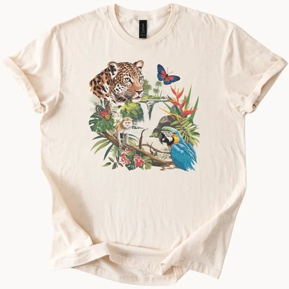 Hot Trending Jaguar Monkey Parrot Jungle Scene Graphic Tee Tropical Wildlife Shirt Design Preview Only