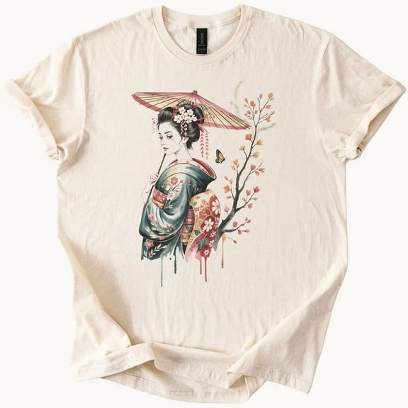 Hot Trending Japanese Geisha T-Shirt Asian Art Cherry Blossom Tee for Women Design Preview Only