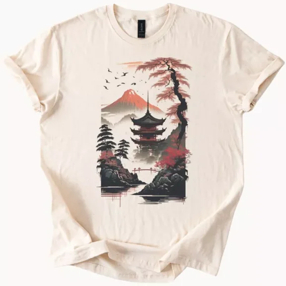 Hot Trending Japanese Pagoda Fuji Mountain Graphic T-Shirt Asian Art Tee Design Preview Only