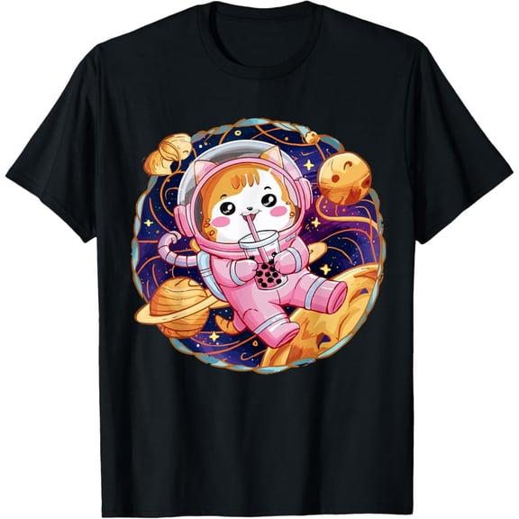 Hot Trending Kawaii Cat Bubble Boba Tea In Space Astronaut Cat Anime Girl T-Shirt Vintage Tee -Birthday Gifts