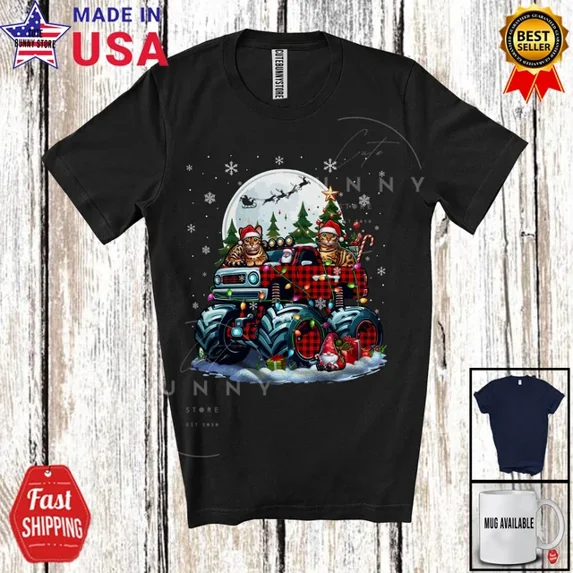 Hot Trending Kiraa Tee With Bengal Cat On Monster Truck Plaid; Lovely Moon Cat; Family T-Shirt