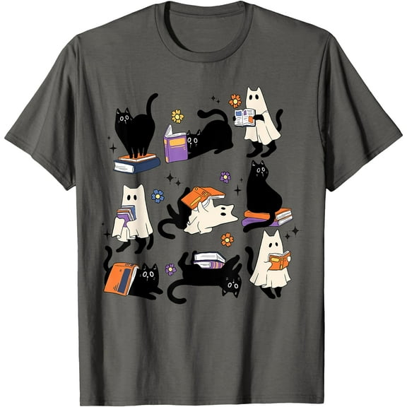 Hot Trending Kiraa Tee With Cute Ghost Cat Reading Books Lover Bookish Spooky Unisex S-5Xl T-Shirt