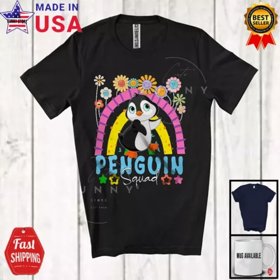 Hot Trending Kiraa Tee With Penguin Squad, Adorable Flowers Rainbow Animal, Floral Women Girls Group T-Shirt
