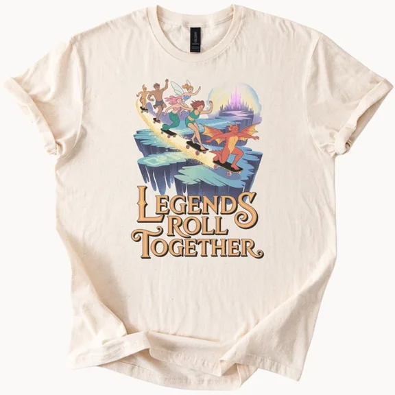 Hot Trending Legends Roll Together Fantasy Skateboard Graphic Tee with Castle Scene Design Preview Only