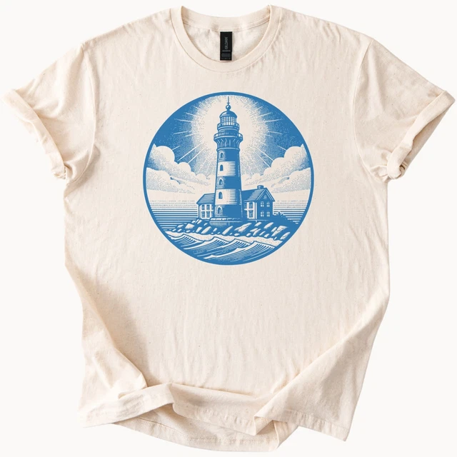 Hot Trending Lighthouse Graphic Tee Coastal Ocean Beacon on Natural ...