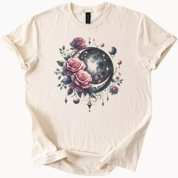 Hot Trending Moon Shirt Roses Celestial Graphic T Shirt Tee Beige Boho Design Preview Only