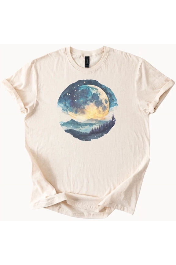 Hot Trending Moon Stars Watercolor Tee Celestial Graphic Shirt Design Preview Only