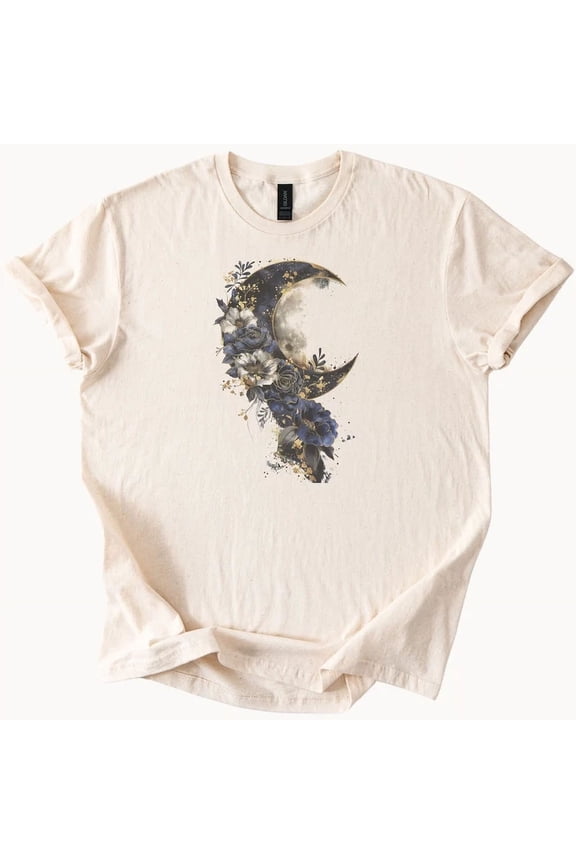 Hot Trending Moon and blue floral graphic tee with mystical night sky watercolor design Design Preview Only