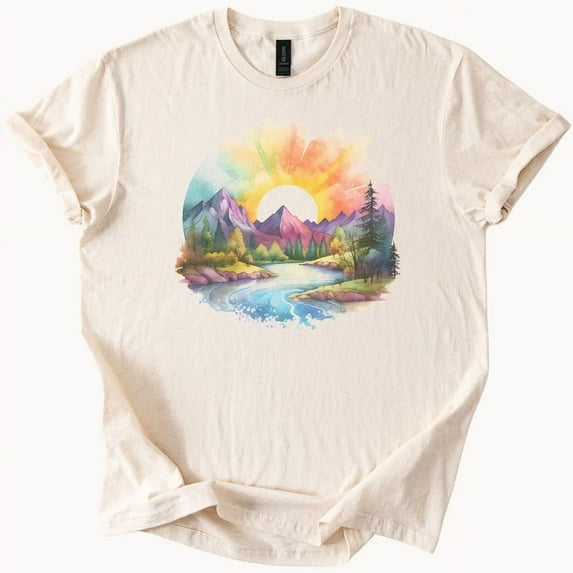 Hot Trending Mountain River Sunset Tee Watercolor Nature Shirt Graphic Top Design Preview Only
