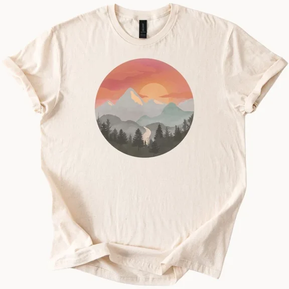 Hot Trending Mountain Sunset River Tee Nature Forest Landscape Hiking Graphic Shirt Design Preview Only